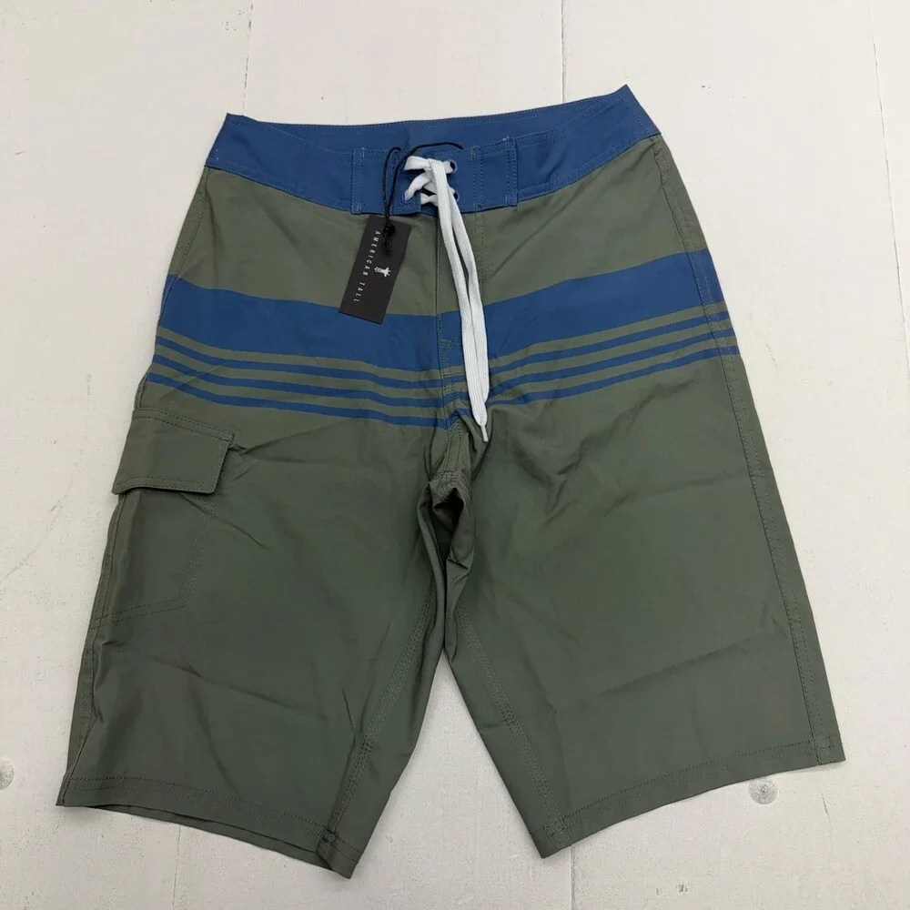American Tall Board Shorts Mens 30 Green Stripe Quick Dry Drawstring Pockets
